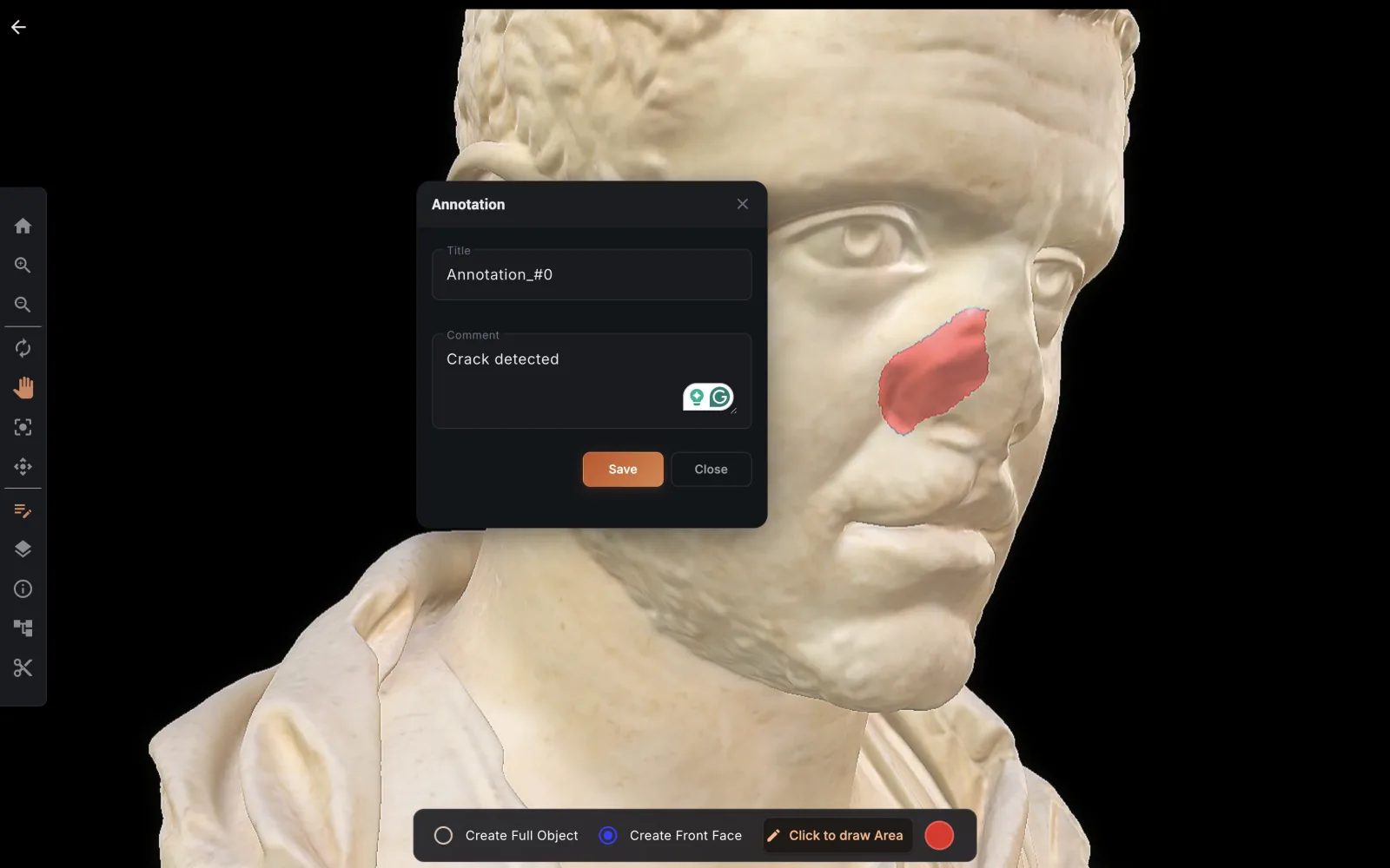 CARE: a crack detected and annotated on a marble bust in the streaming viewer